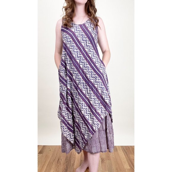 Vintage Anokhi Block Print Boho Lagenlook Midi Dress Relaxed Fit Slip 70's 80's - Picture 5 of 5